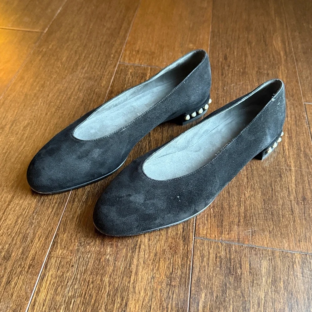 Stuart Weitzman Black Suede Pearl Detail Ballet Flats Women’s Size 6.5 Slip On